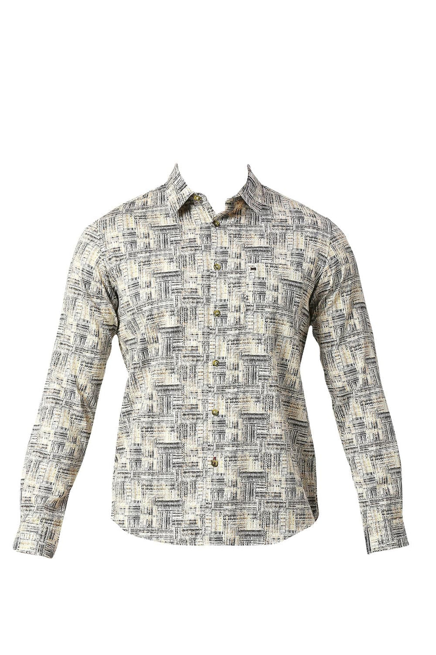 BASICS SLIM FIT ALMOND BEIGE COTTON SATIN DIGITAL PRINTED SHIRT
