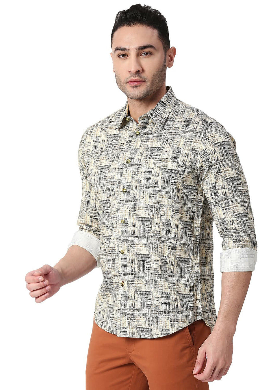 BASICS SLIM FIT ALMOND BEIGE COTTON SATIN DIGITAL PRINTED SHIRT