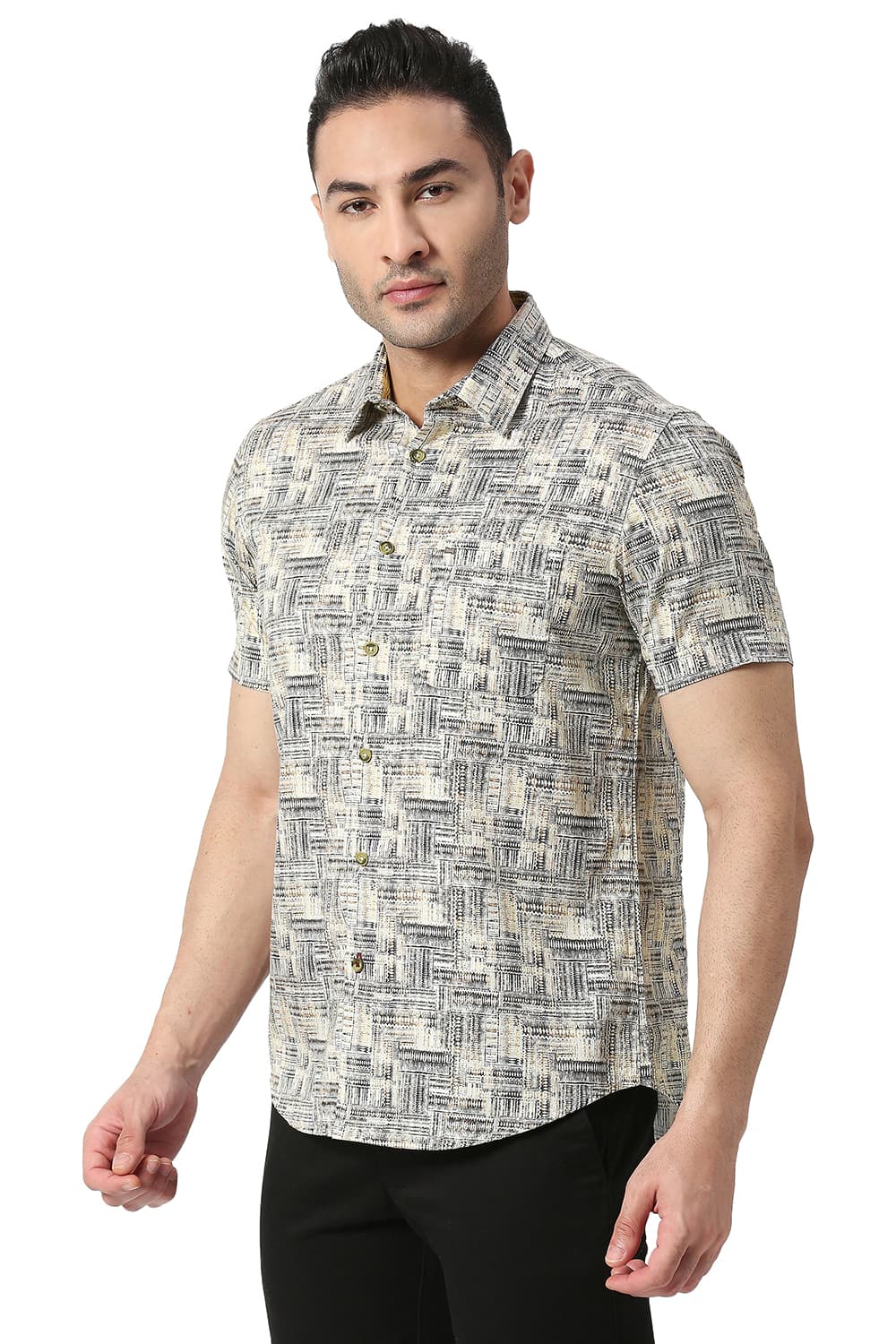 BASICS SLIM FIT COTTON SATIN DIGITAL PRINTED HALFSLEEVES SHIRT