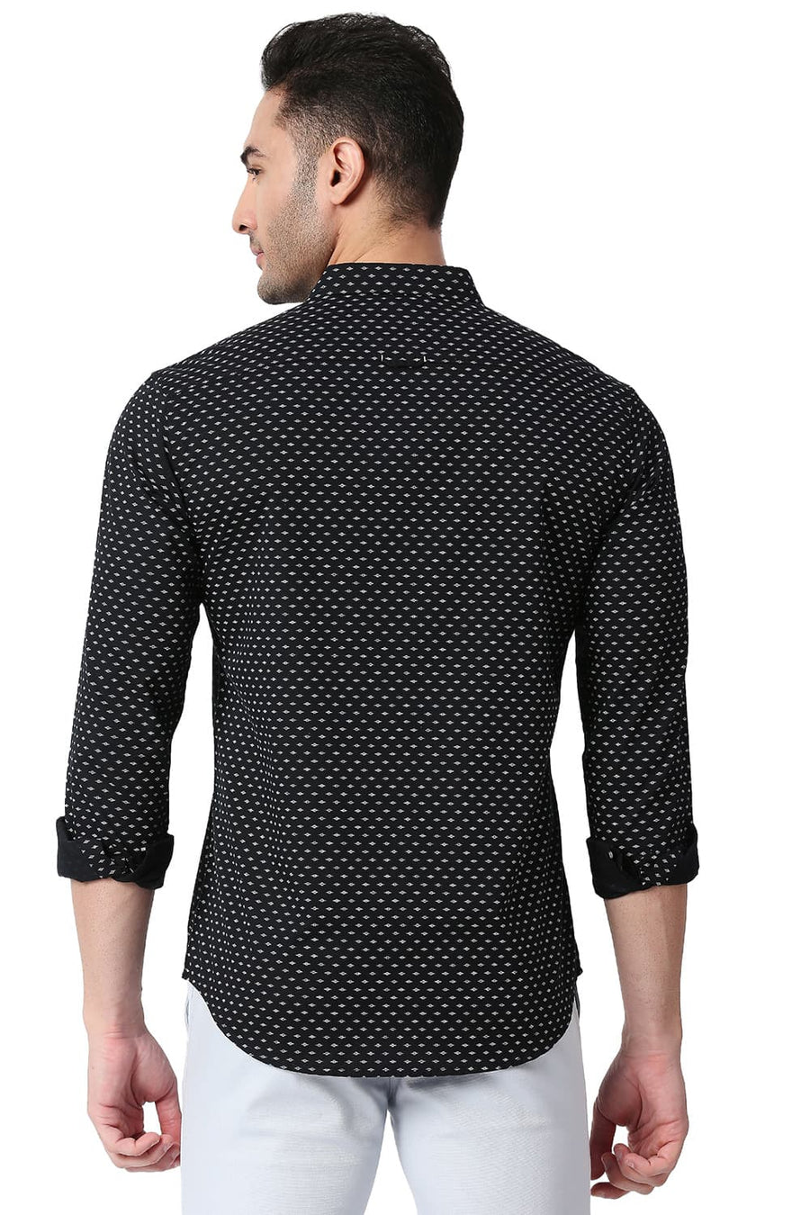 BASICS SLIM FIT VULCAN BLACK COTTON TWILL PRINTED SHIRT
