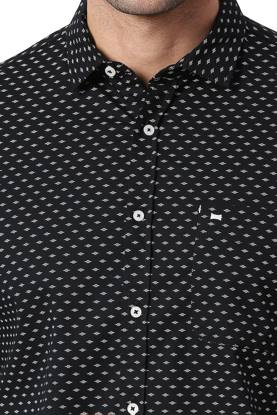 BASICS SLIM FIT VULCAN BLACK COTTON TWILL PRINTED SHIRT