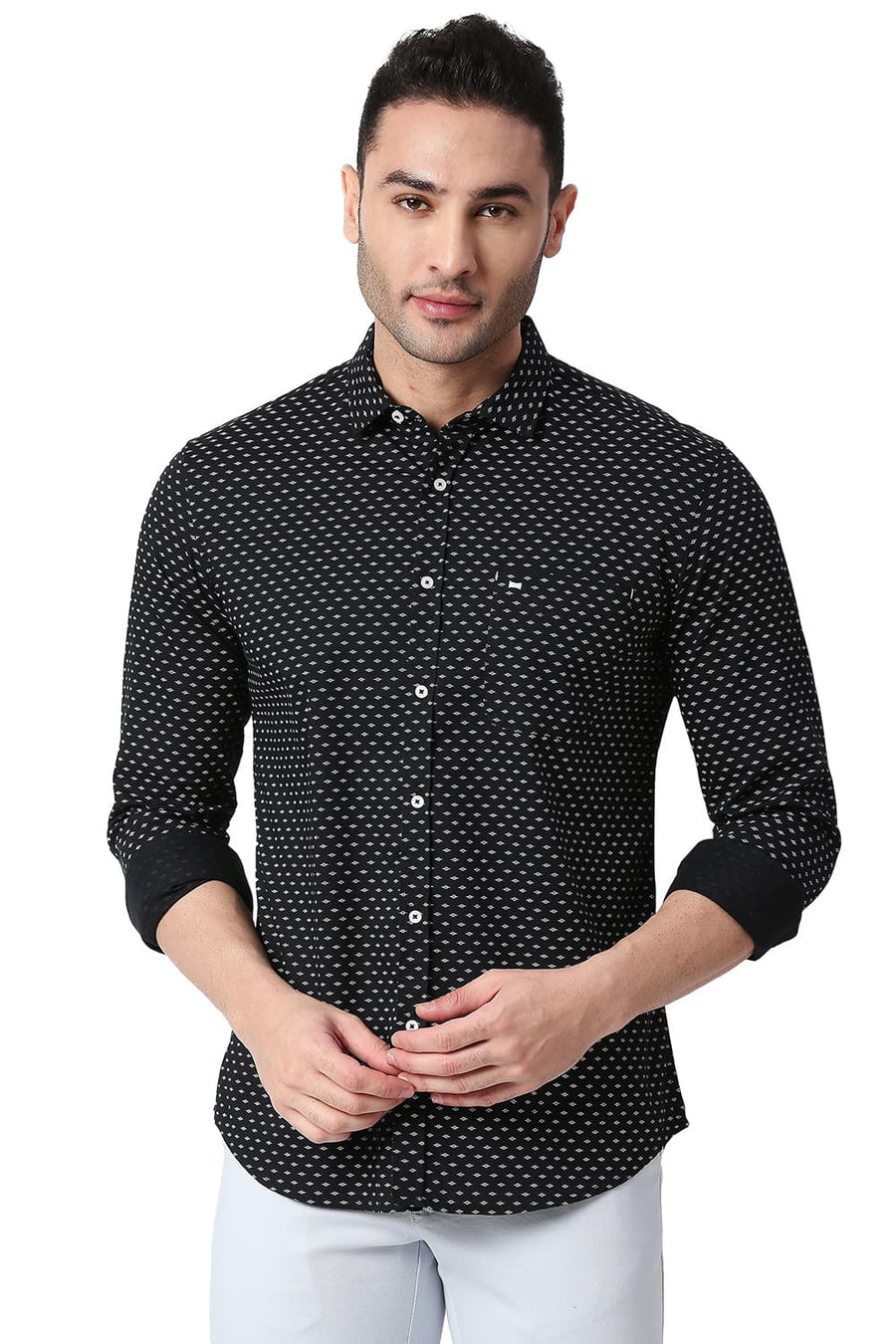 BASICS SLIM FIT VULCAN BLACK COTTON TWILL PRINTED SHIRT