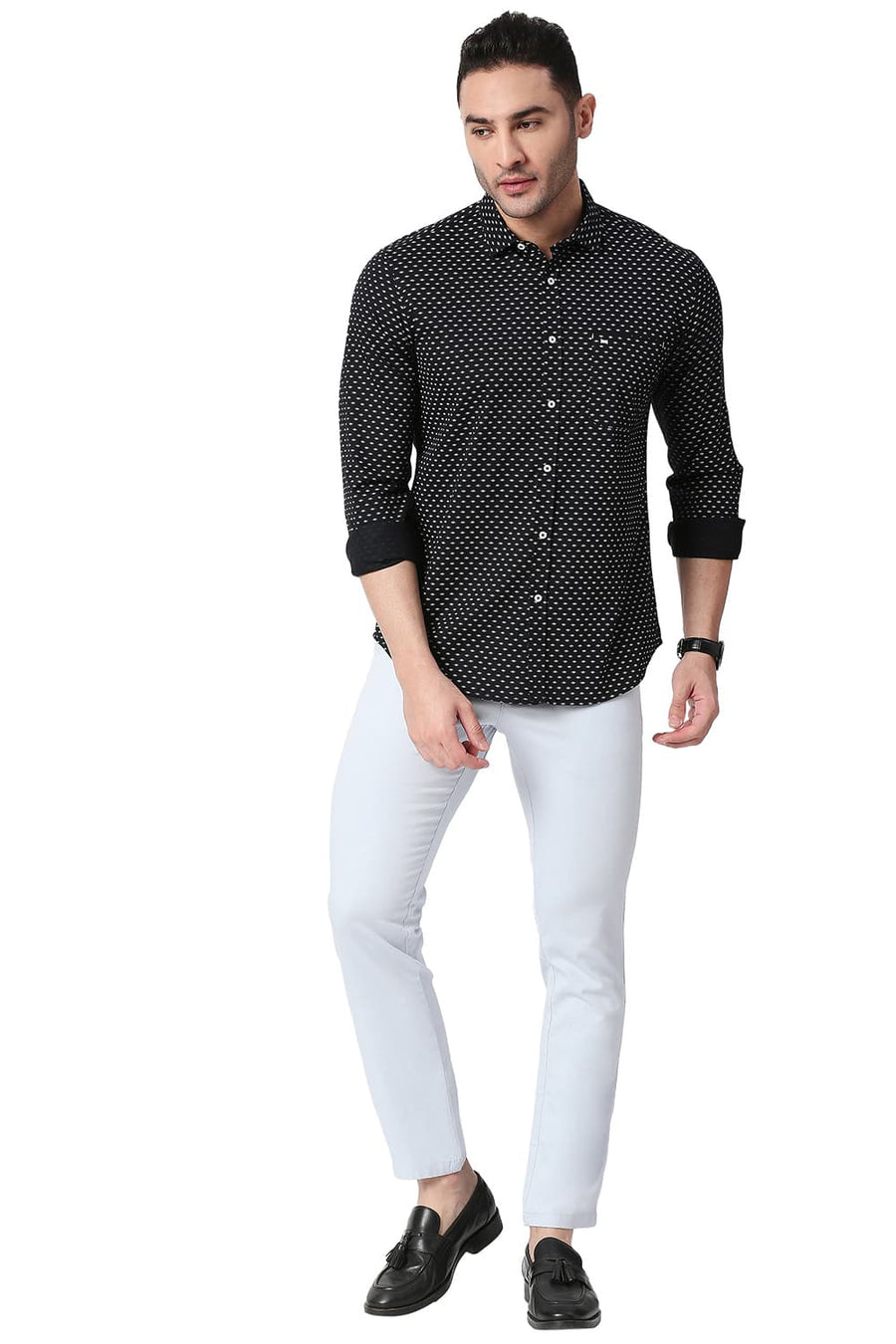 BASICS SLIM FIT VULCAN BLACK COTTON TWILL PRINTED SHIRT