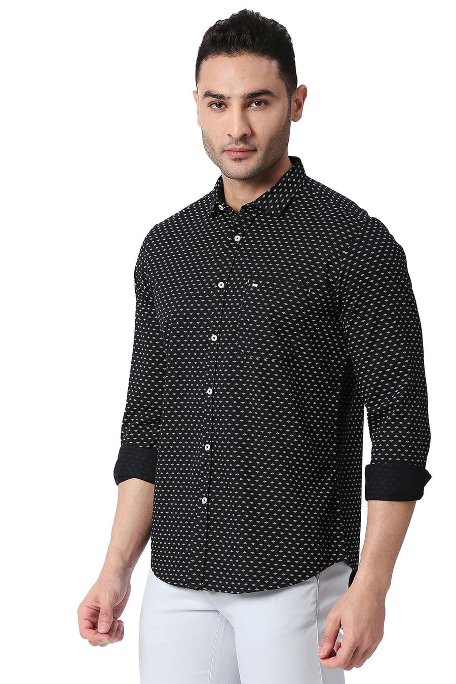 BASICS SLIM FIT VULCAN BLACK COTTON TWILL PRINTED SHIRT