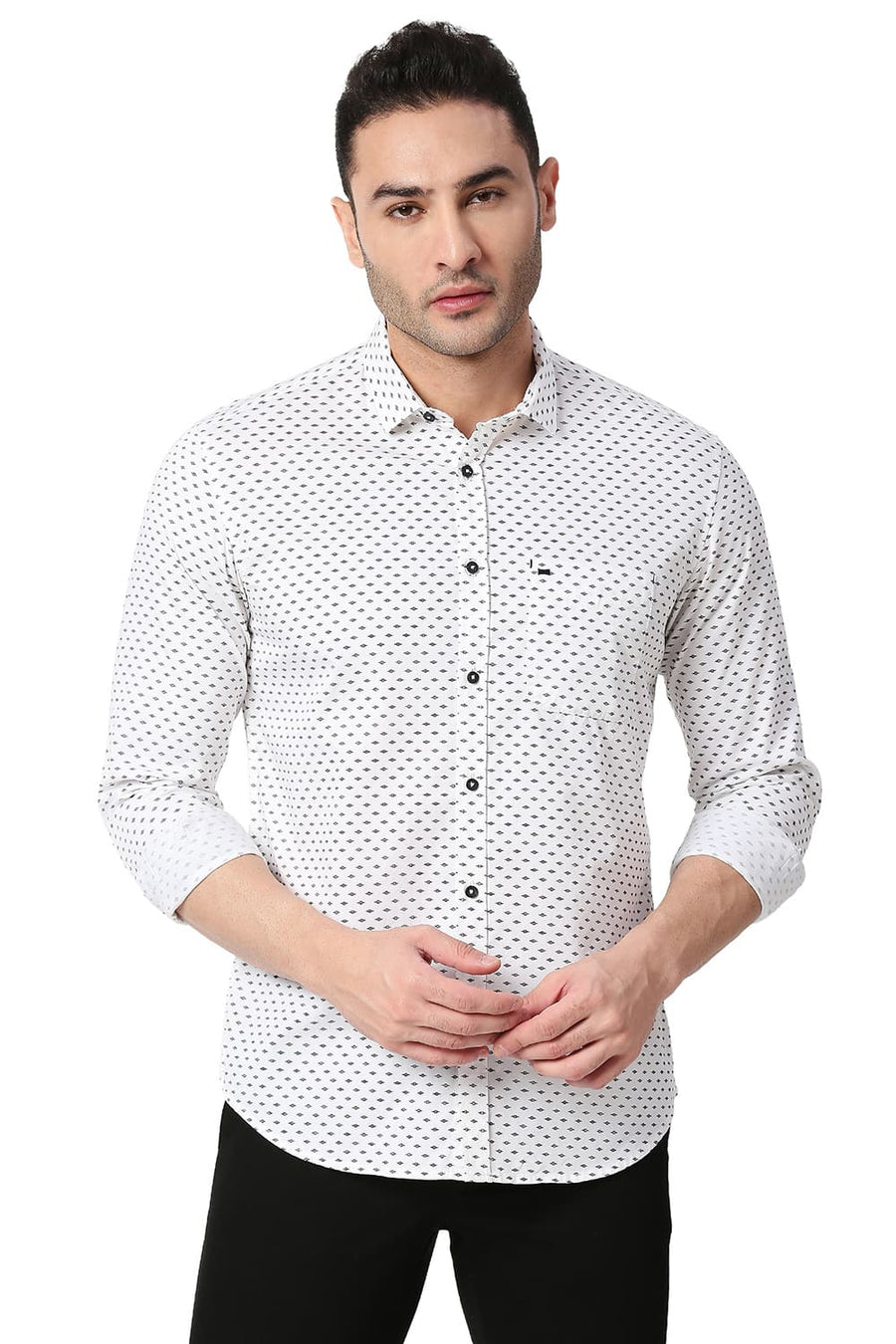 BASICS SLIM FIT SNOW WHITE COTTON TWILL PRINTED SHIRT