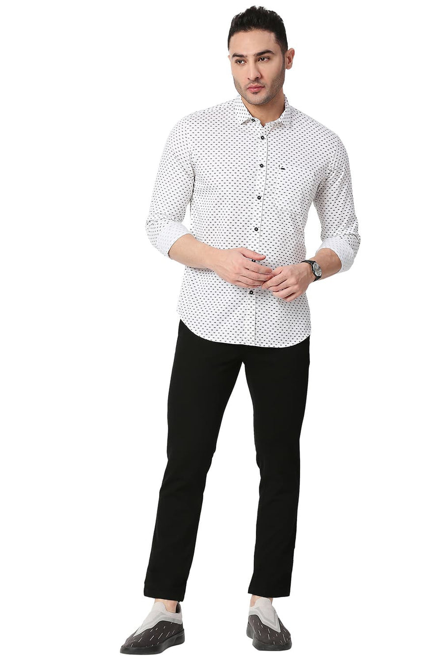 BASICS SLIM FIT SNOW WHITE COTTON TWILL PRINTED SHIRT