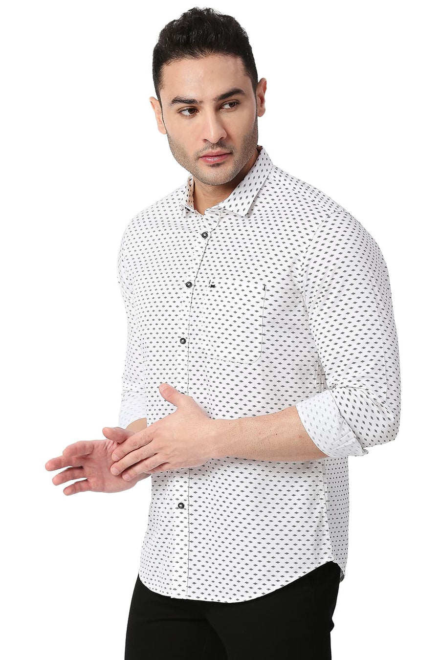 BASICS SLIM FIT SNOW WHITE COTTON TWILL PRINTED SHIRT