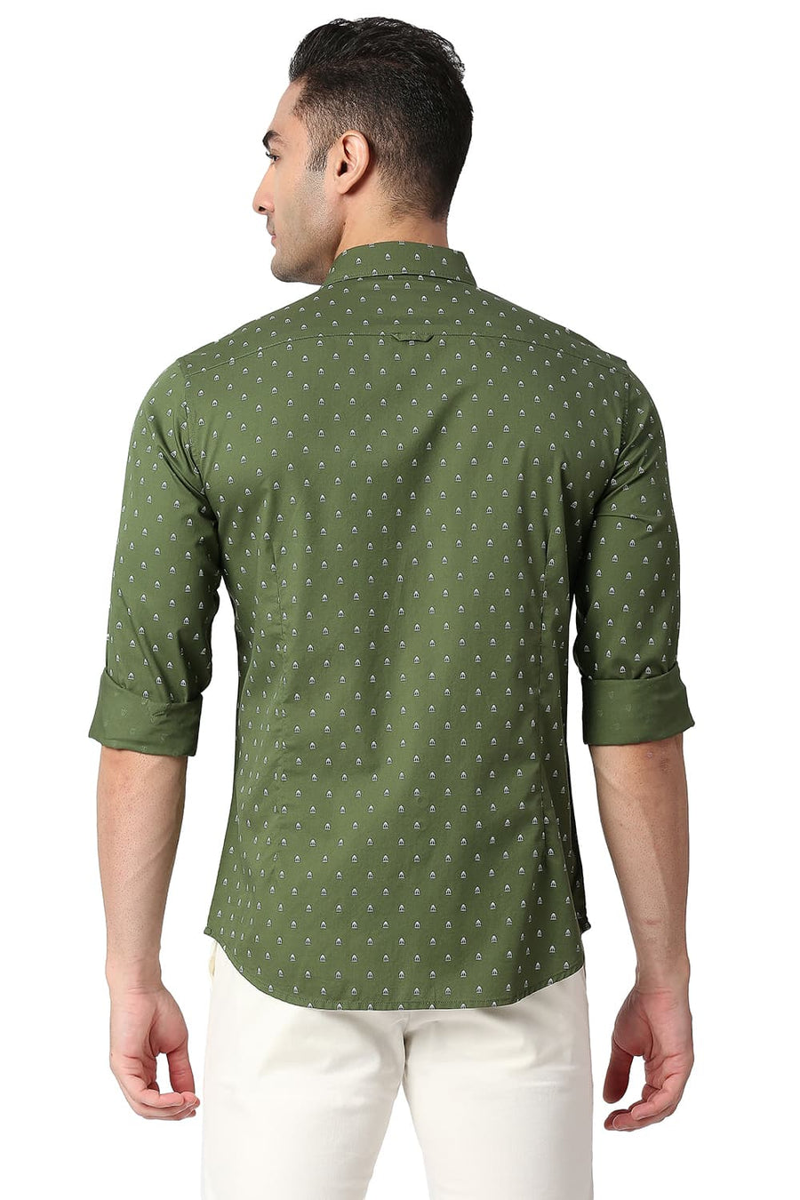BASICS SLIM FIT DILL GREEN COTTON TWILL PRINTED SHIRT