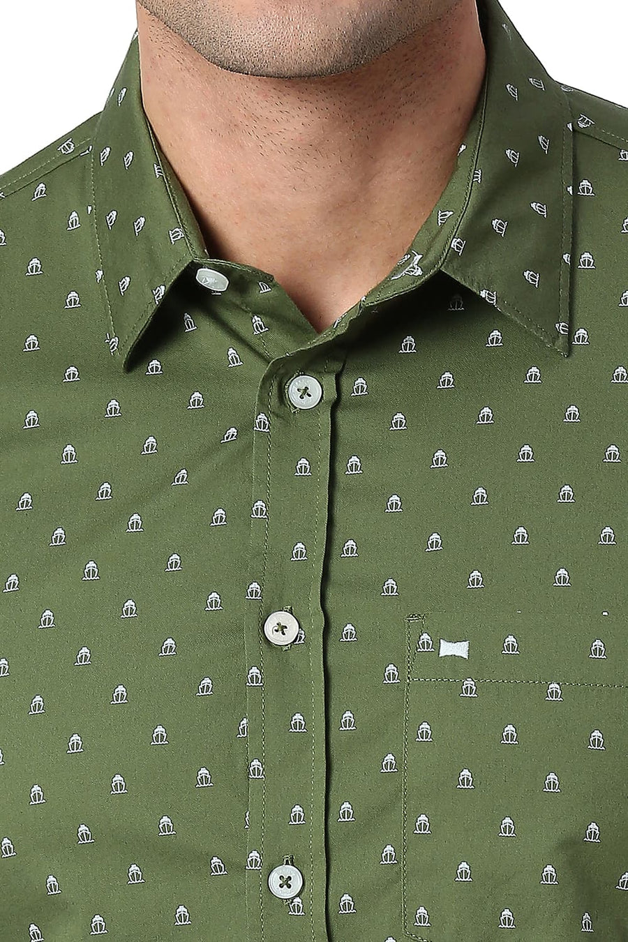 BASICS SLIM FIT DILL GREEN COTTON TWILL PRINTED SHIRT