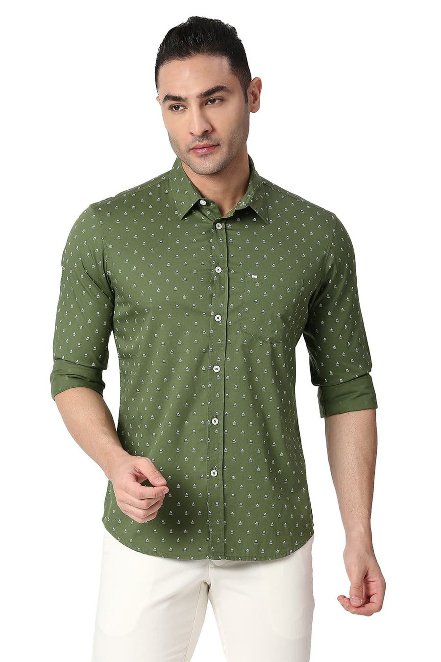 BASICS SLIM FIT DILL GREEN COTTON TWILL PRINTED SHIRT