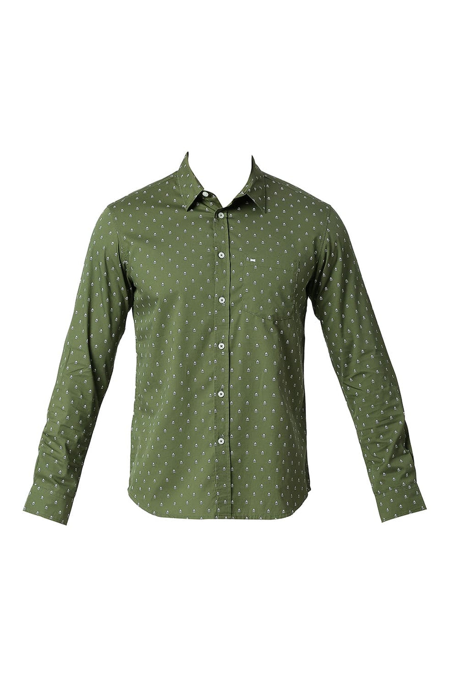 BASICS SLIM FIT DILL GREEN COTTON TWILL PRINTED SHIRT