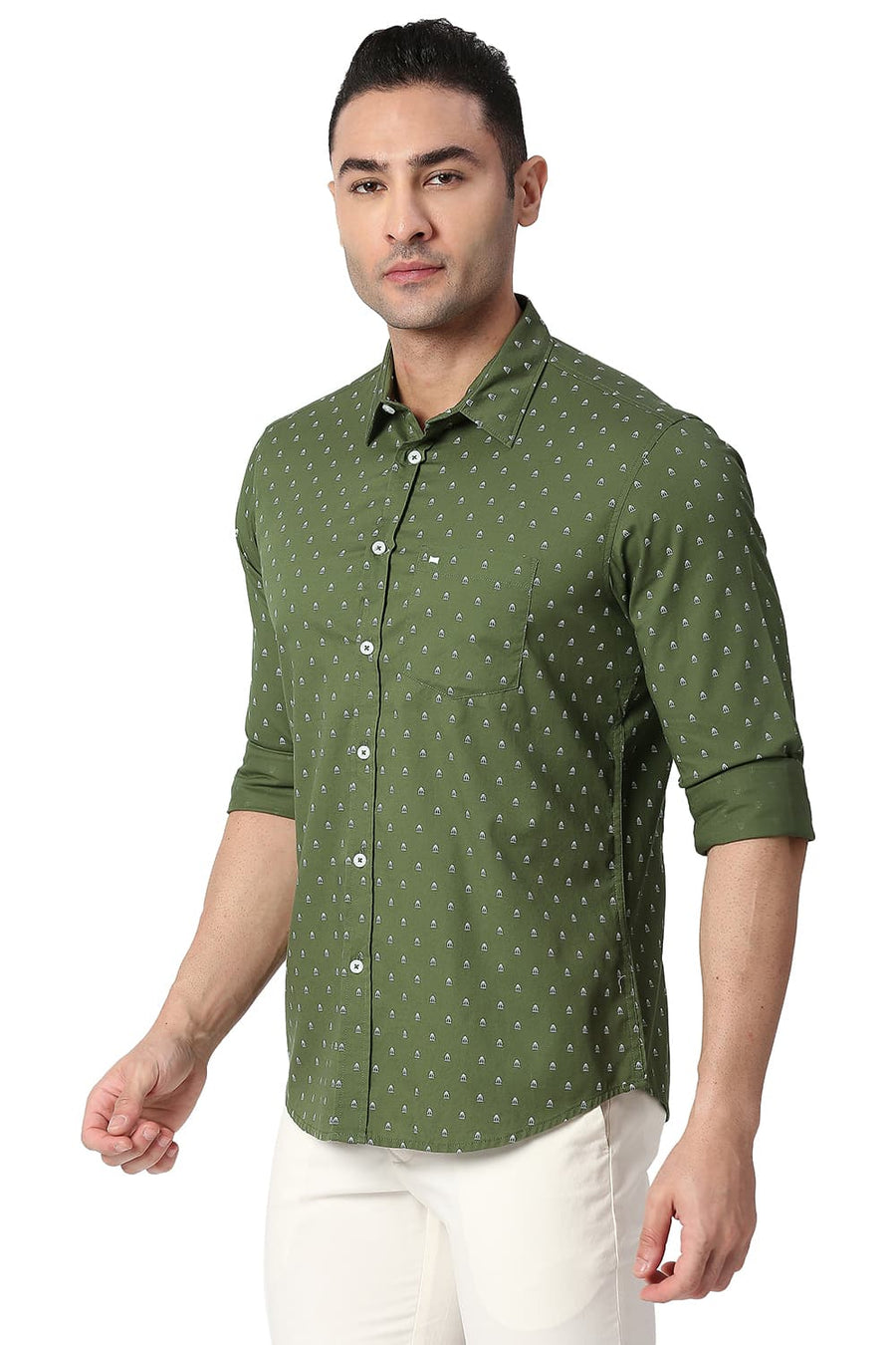 BASICS SLIM FIT DILL GREEN COTTON TWILL PRINTED SHIRT
