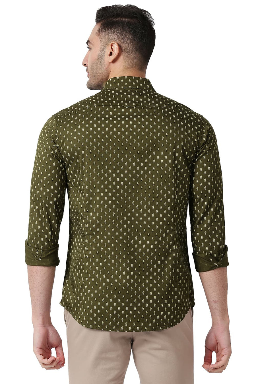 BASICS SLIM FIT WINTER OLIVE COTTON TWILL PRINTED SHIRT
