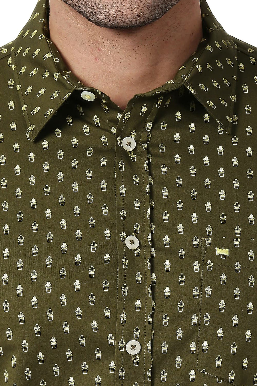 BASICS SLIM FIT WINTER OLIVE COTTON TWILL PRINTED SHIRT