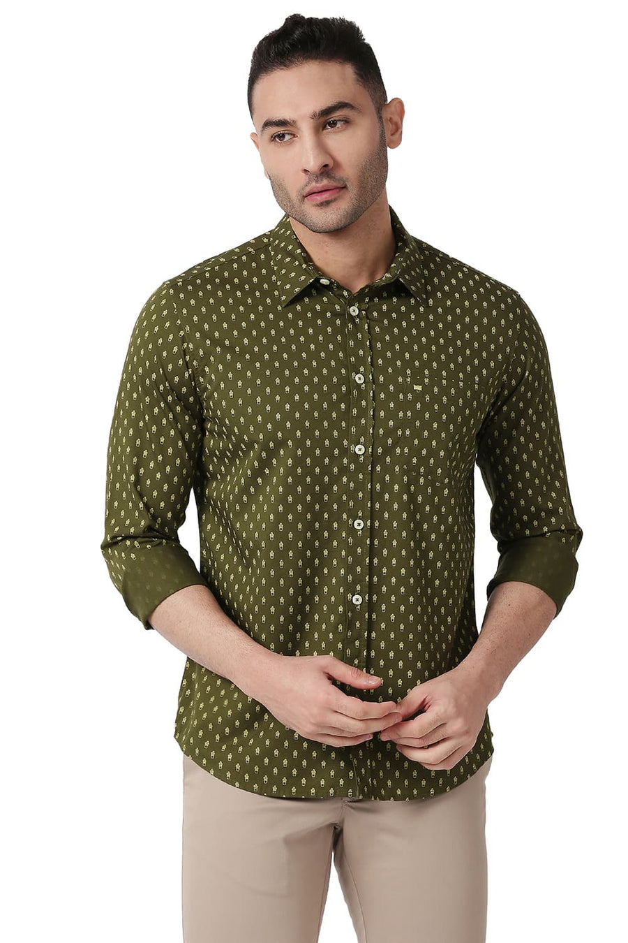BASICS SLIM FIT WINTER OLIVE COTTON TWILL PRINTED SHIRT