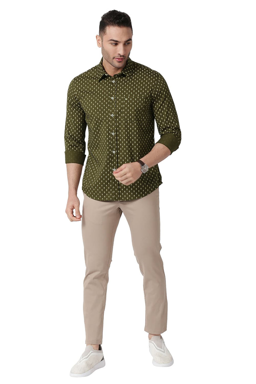 BASICS SLIM FIT WINTER OLIVE COTTON TWILL PRINTED SHIRT