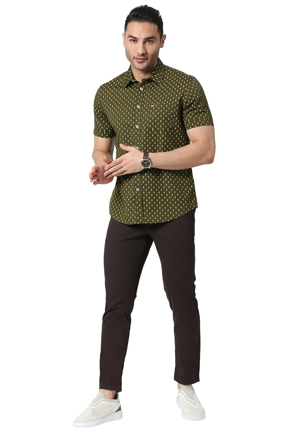 BASICS SLIM FIT COTTON TWILL PRINTED HALFSLEEVES SHIRT