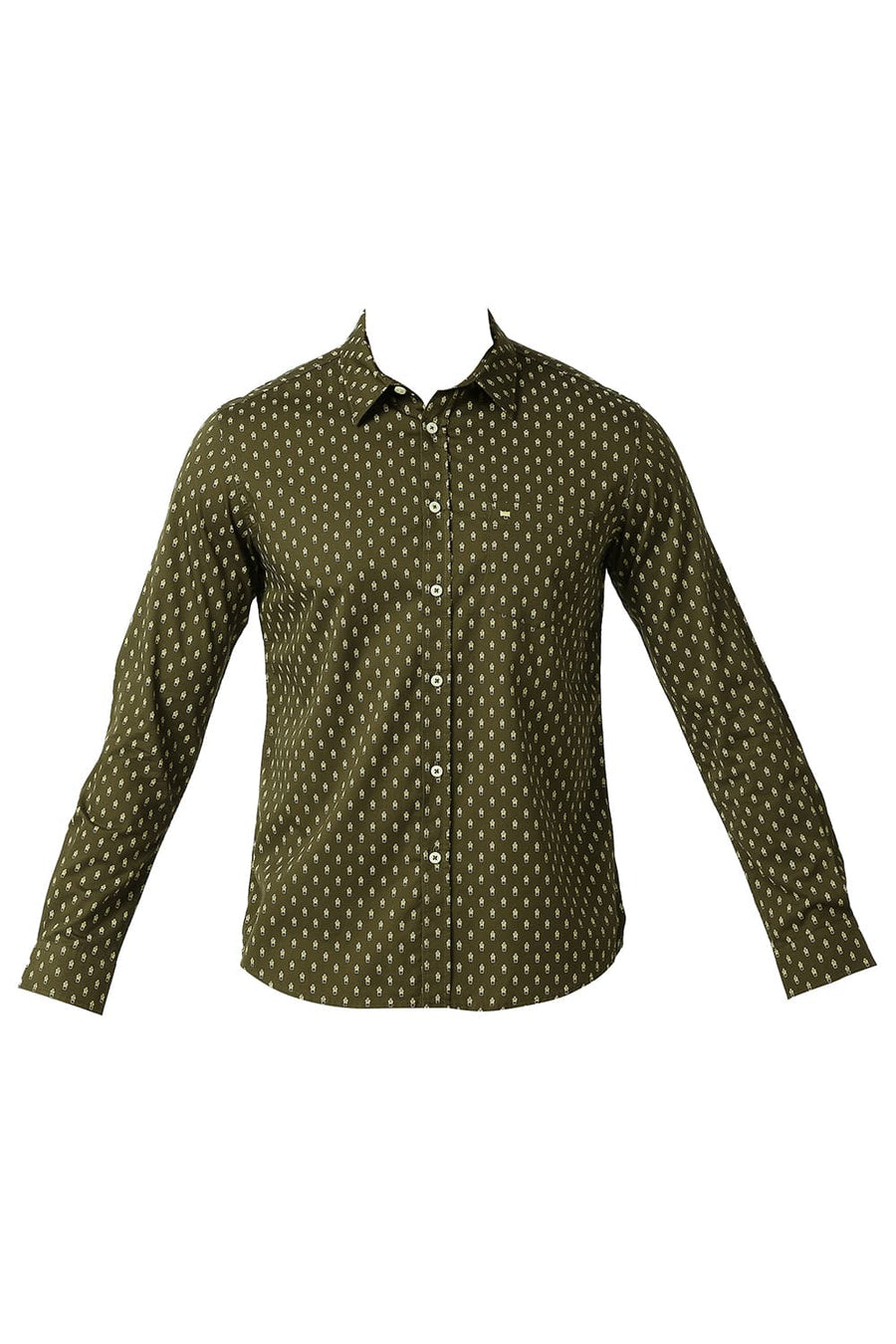 BASICS SLIM FIT WINTER OLIVE COTTON TWILL PRINTED SHIRT