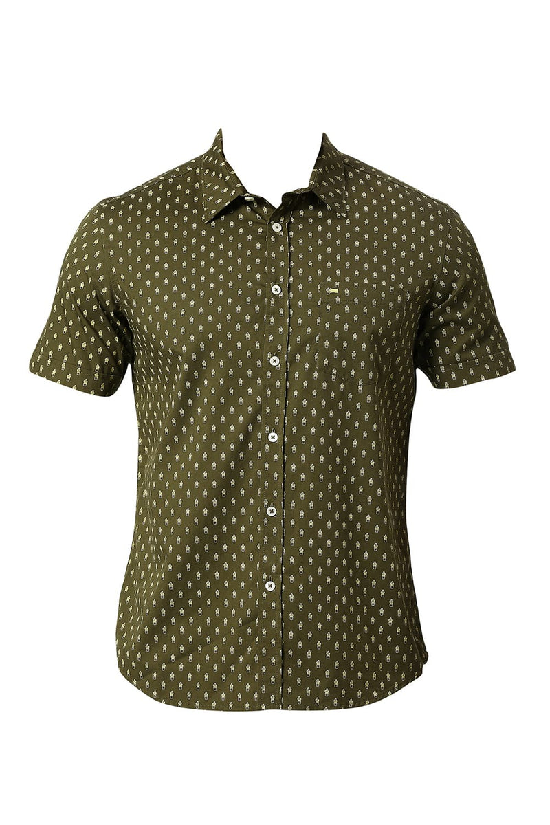 BASICS SLIM FIT COTTON TWILL PRINTED HALFSLEEVES SHIRT