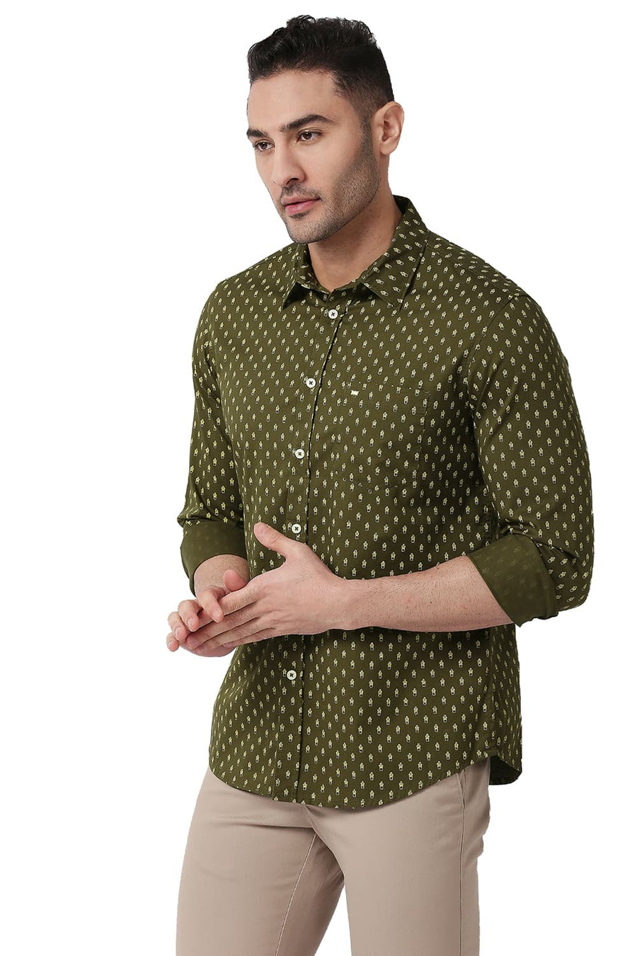 BASICS SLIM FIT WINTER OLIVE COTTON TWILL PRINTED SHIRT