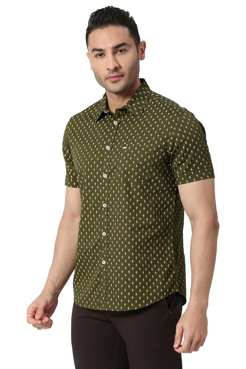 BASICS SLIM FIT COTTON TWILL PRINTED HALFSLEEVES SHIRT