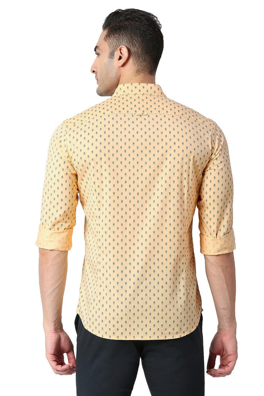 BASICS SLIM FIT IMPALA YELLOW COTTON TWILL PRINTED SHIRT