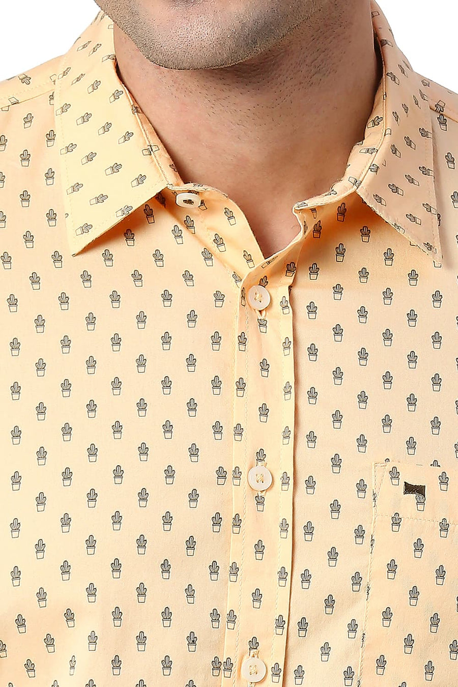 BASICS SLIM FIT IMPALA YELLOW COTTON TWILL PRINTED SHIRT