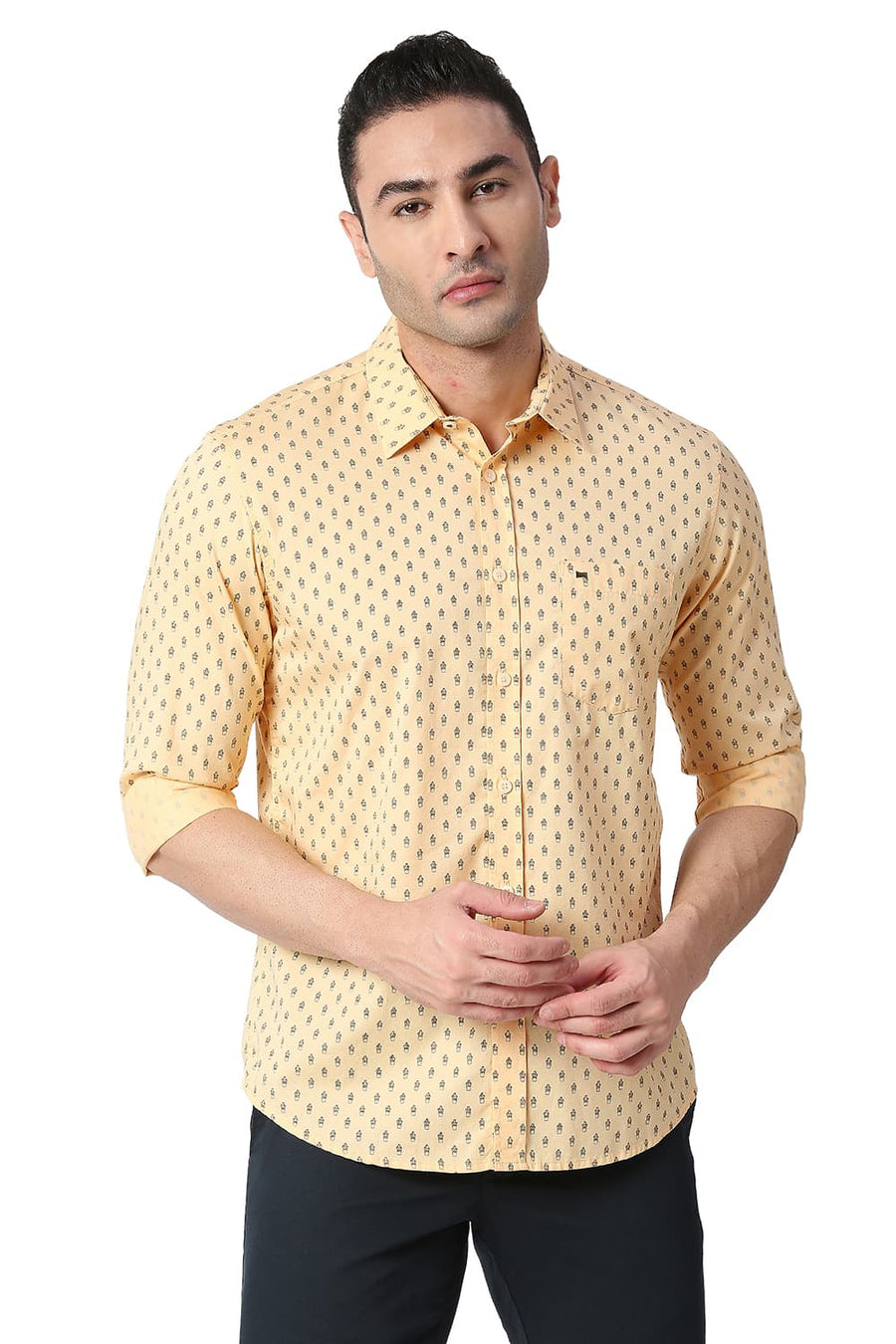 BASICS SLIM FIT IMPALA YELLOW COTTON TWILL PRINTED SHIRT