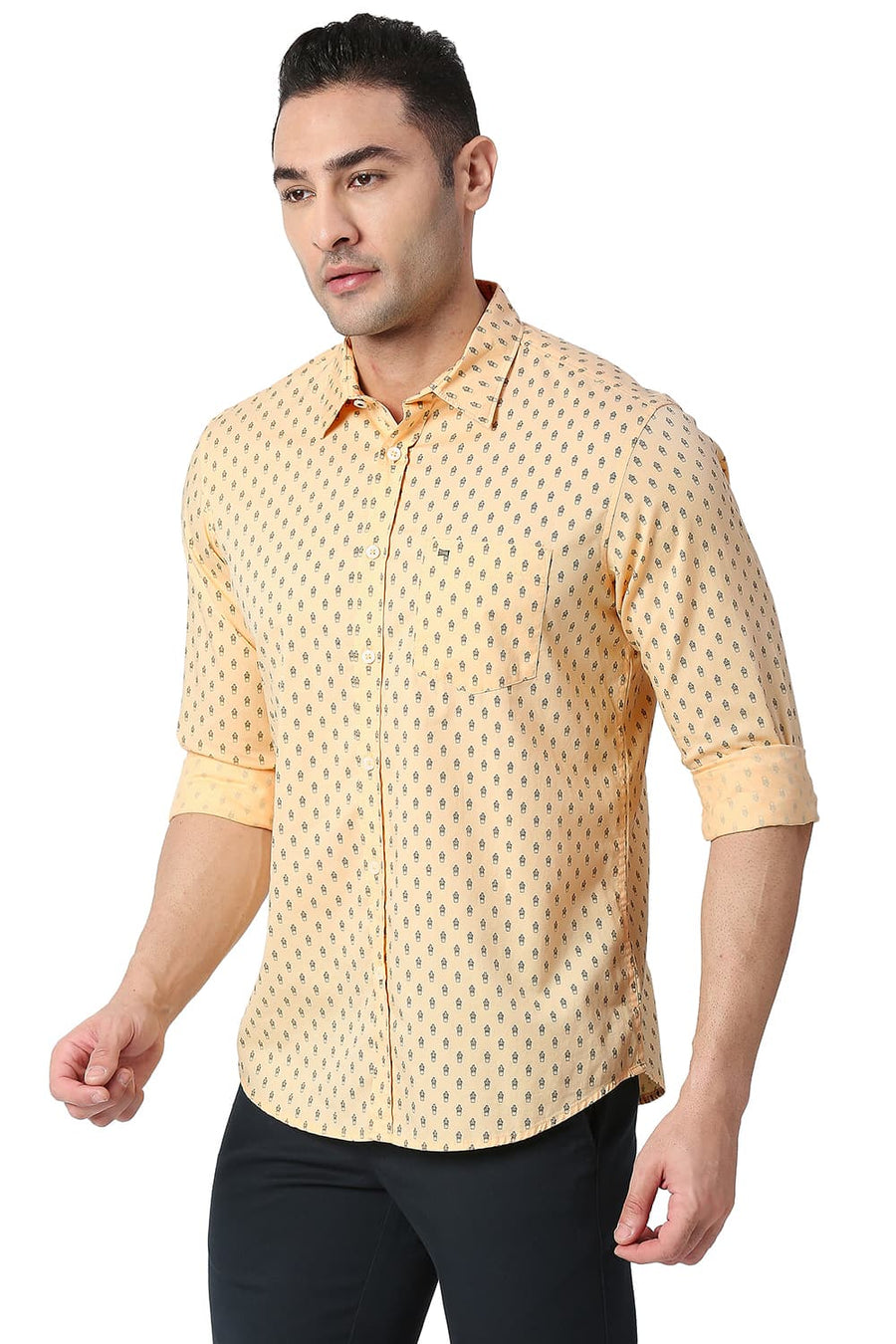 BASICS SLIM FIT IMPALA YELLOW COTTON TWILL PRINTED SHIRT