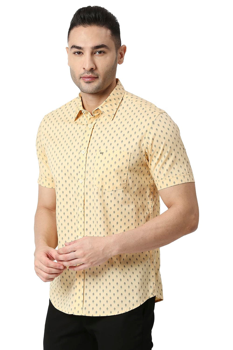 BASICS SLIM FIT COTTON TWILL PRINTED HALFSLEEVES SHIRT