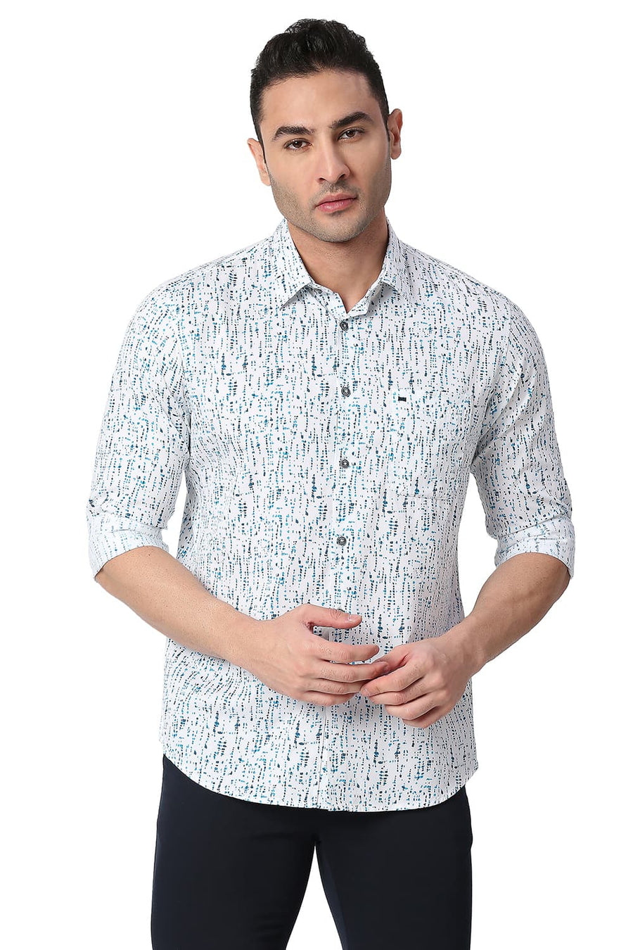 BASICS SLIM FIT CLOUD WHITE COTTON TWILL PRINTED SHIRT