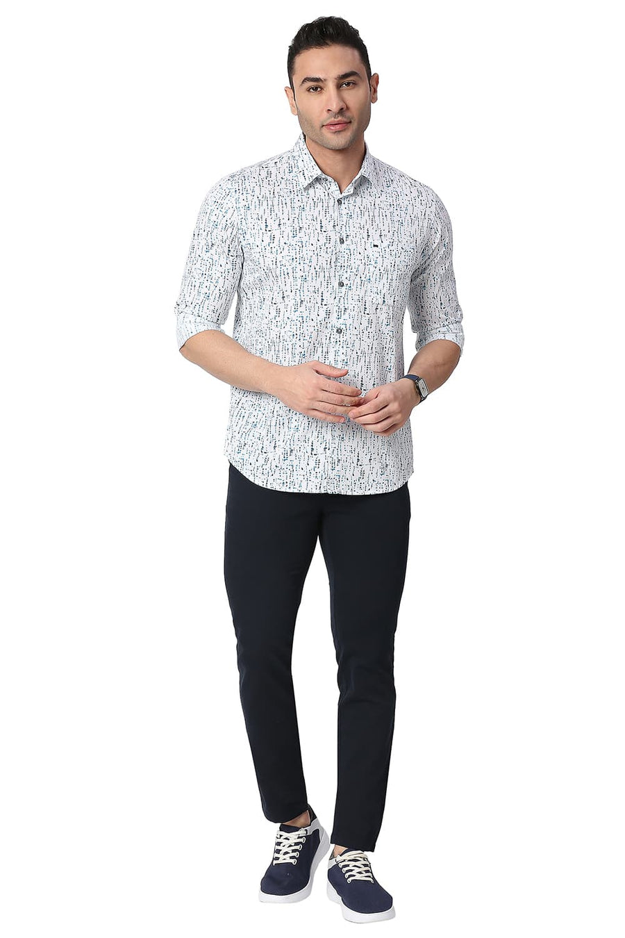 BASICS SLIM FIT CLOUD WHITE COTTON TWILL PRINTED SHIRT