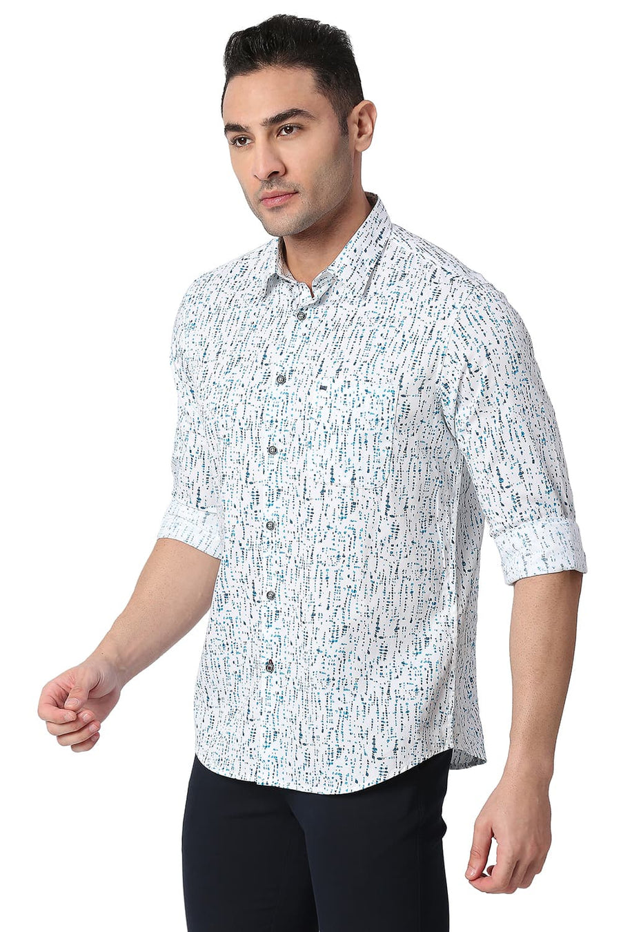 BASICS SLIM FIT CLOUD WHITE COTTON TWILL PRINTED SHIRT