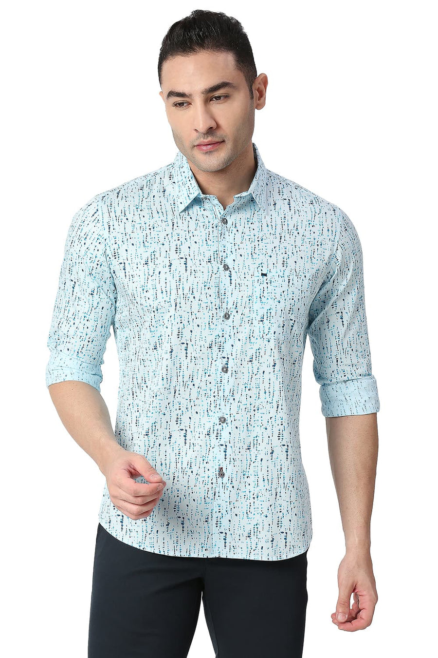 BASICS SLIM FIT STARLIGHT BLUE COTTON TWILL PRINTED SHIRT