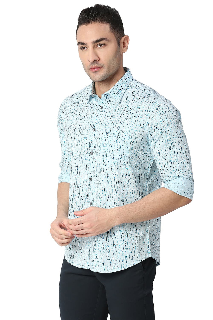 BASICS SLIM FIT STARLIGHT BLUE COTTON TWILL PRINTED SHIRT