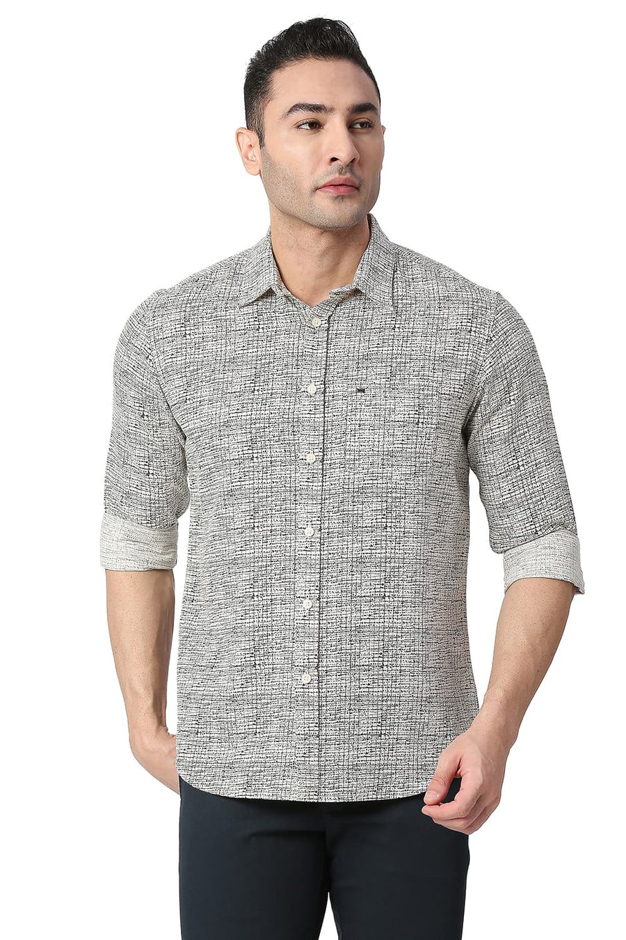 BASICS SLIM FIT ROSIN GREEN COTTON LINEN PRINTED SHIRT