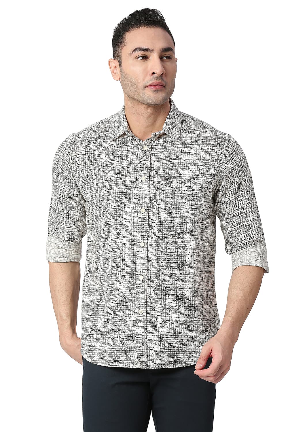 BASICS SLIM FIT COTTON LINEN PRINTED SHIRT