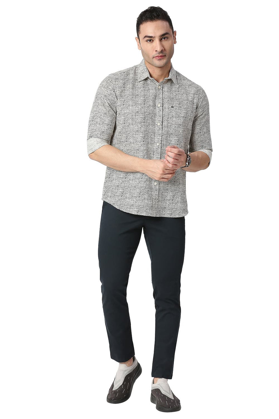 BASICS SLIM FIT ROSIN GREEN COTTON LINEN PRINTED SHIRT