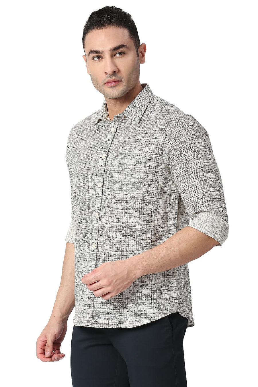 BASICS SLIM FIT ROSIN GREEN COTTON LINEN PRINTED SHIRT