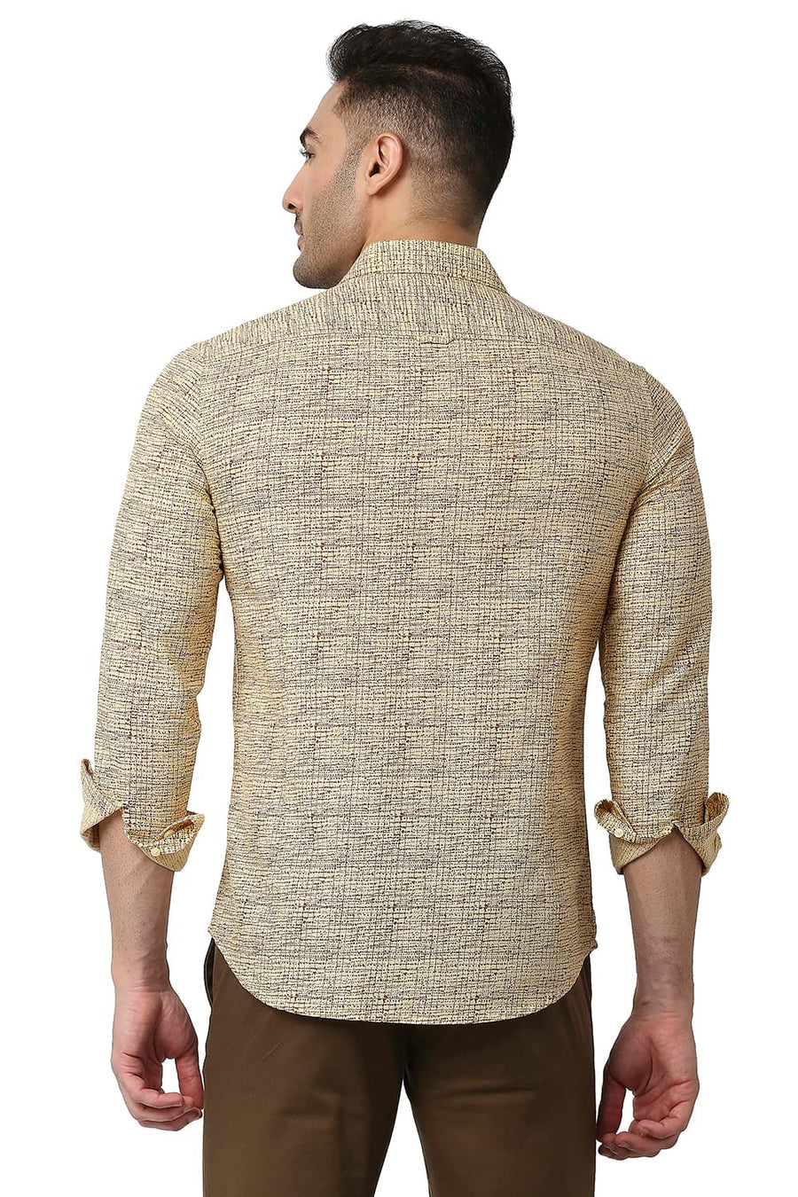 BASICS SLIM FIT REED BEIGE COTTON LINEN PRINTED SHIRT