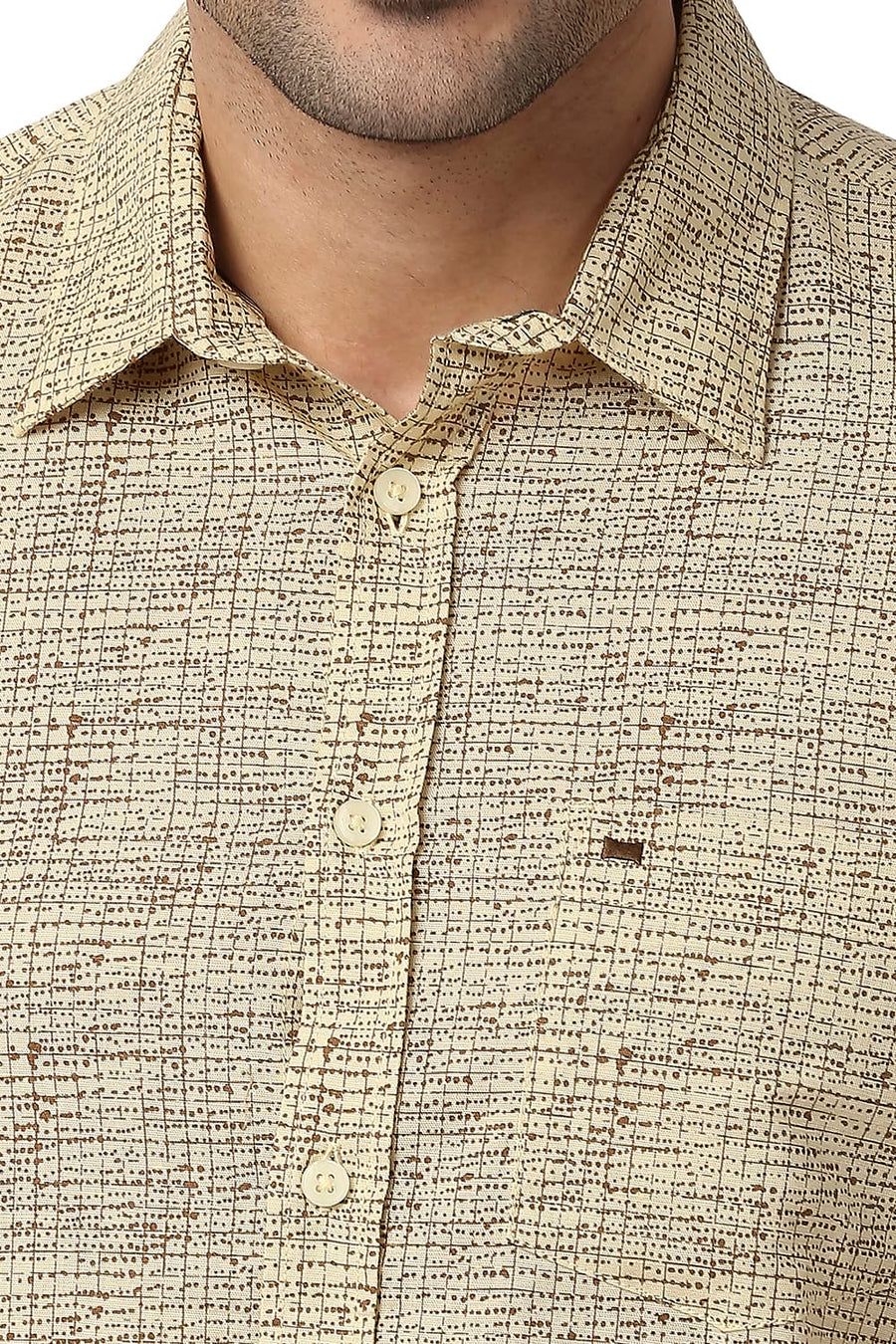 BASICS SLIM FIT REED BEIGE COTTON LINEN PRINTED SHIRT