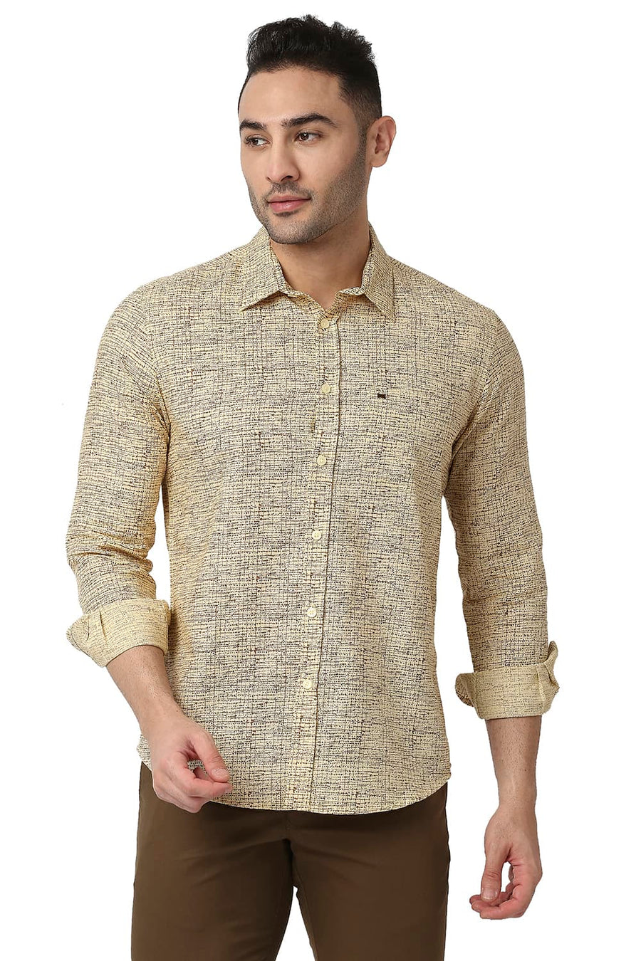 BASICS SLIM FIT REED BEIGE COTTON LINEN PRINTED SHIRT