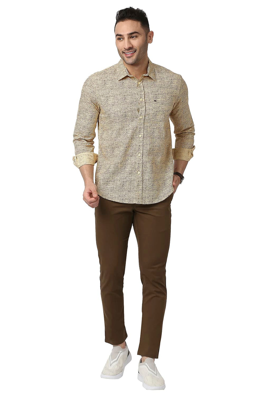 BASICS SLIM FIT REED BEIGE COTTON LINEN PRINTED SHIRT