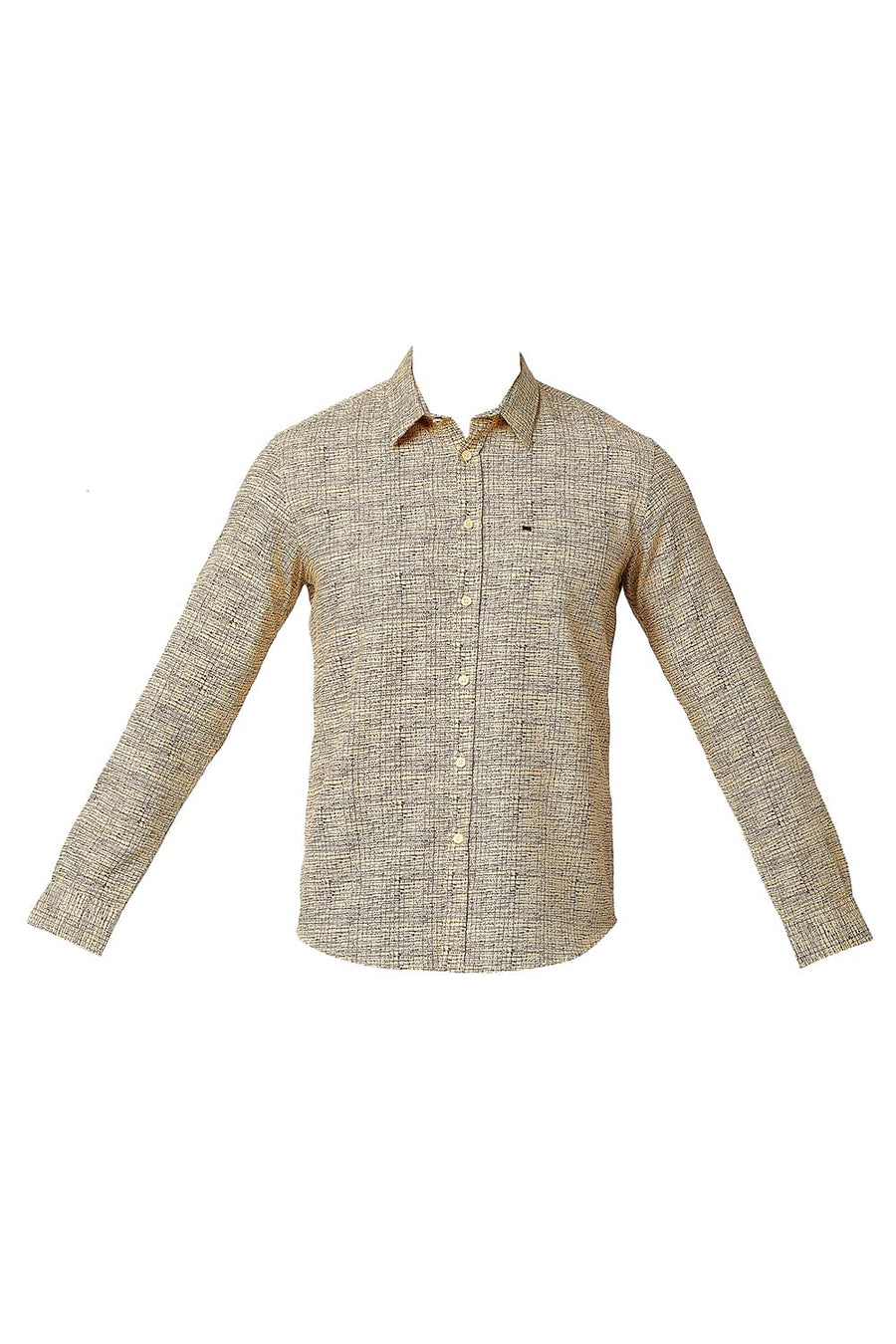 BASICS SLIM FIT REED BEIGE COTTON LINEN PRINTED SHIRT