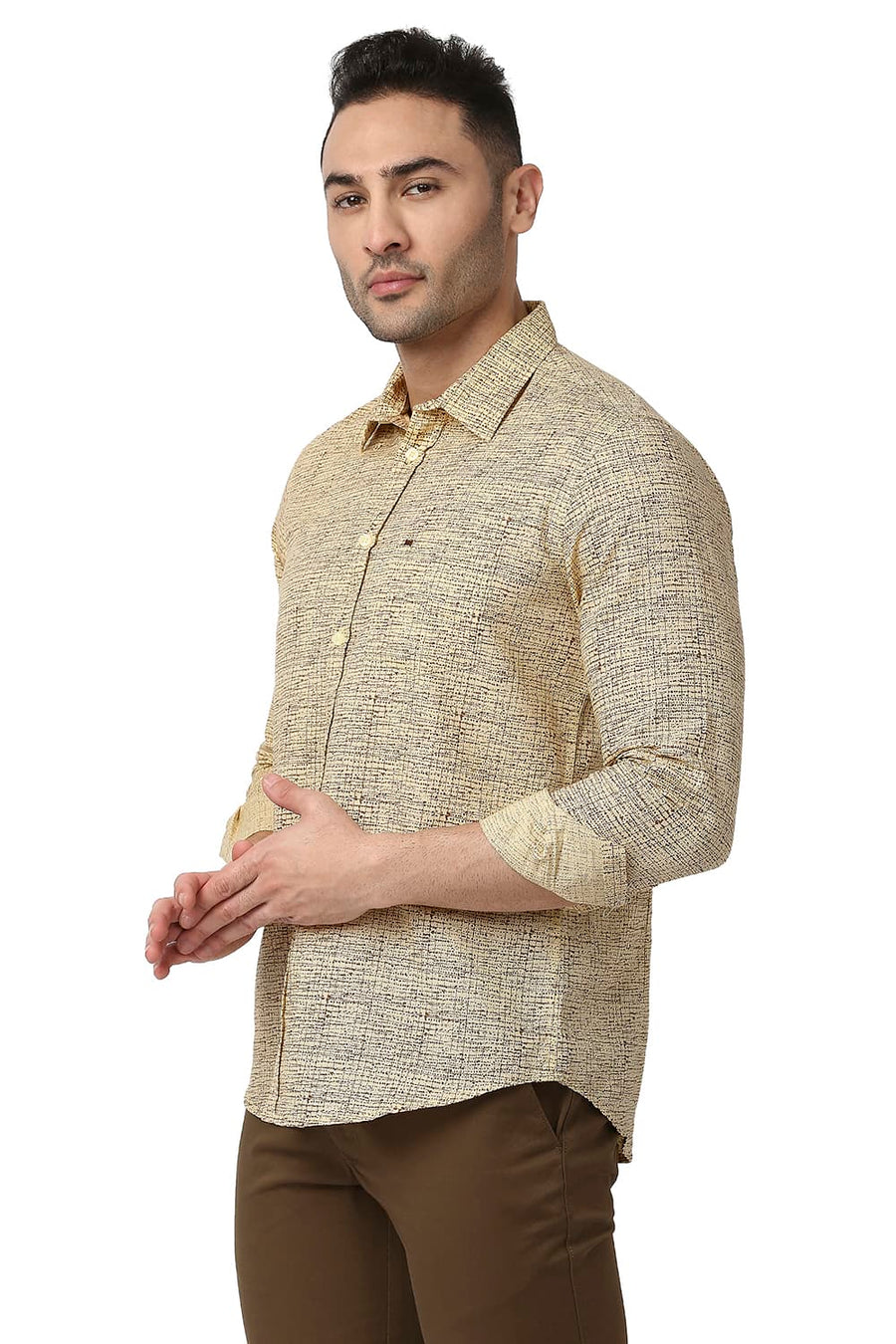 BASICS SLIM FIT REED BEIGE COTTON LINEN PRINTED SHIRT