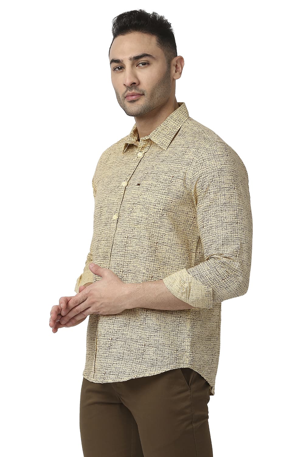 BASICS SLIM FIT COTTON LINEN PRINTED SHIRT