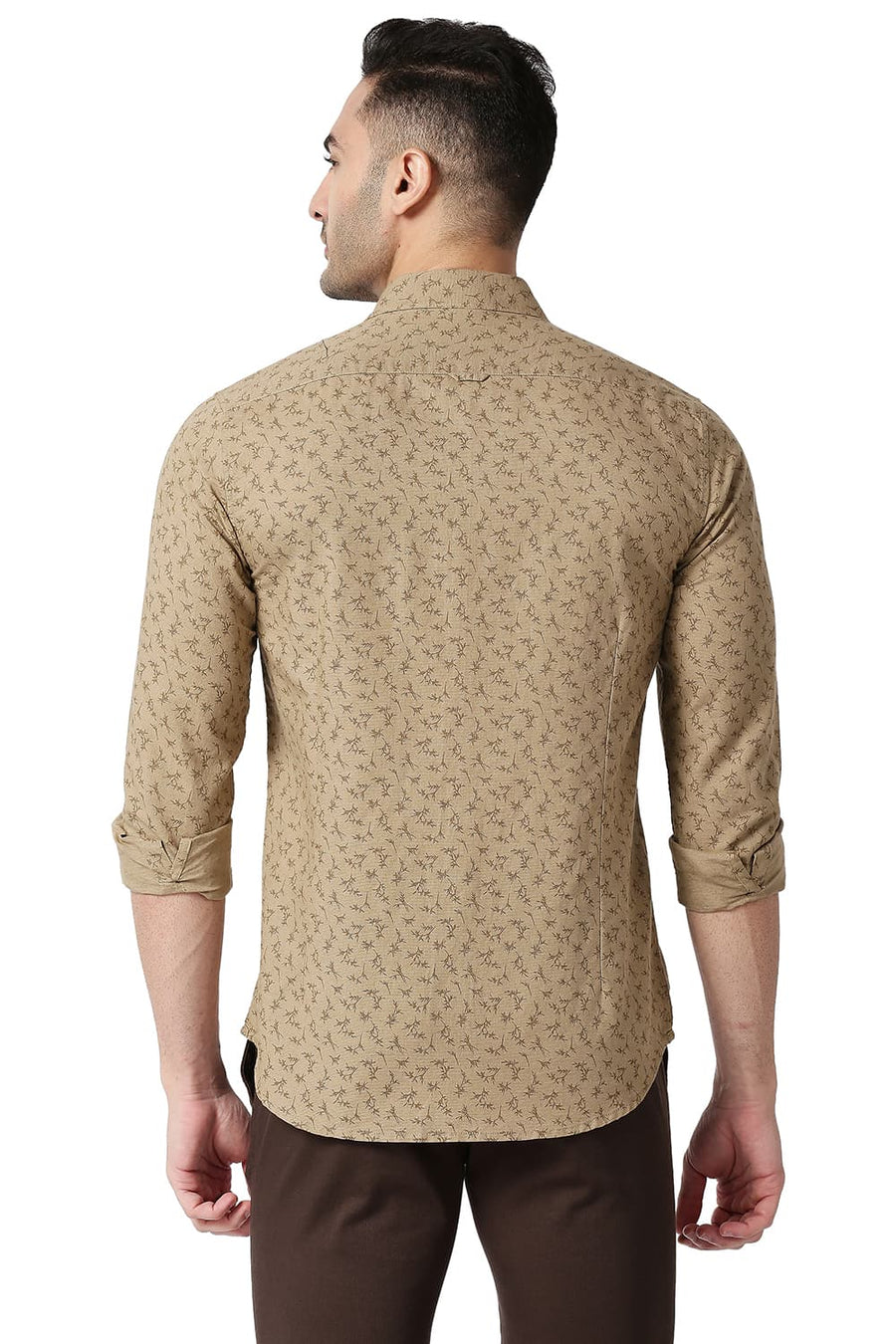 BASICS SLIM FIT AMPHORA KHAKI COTTON LINEN PRINTED SHIRT