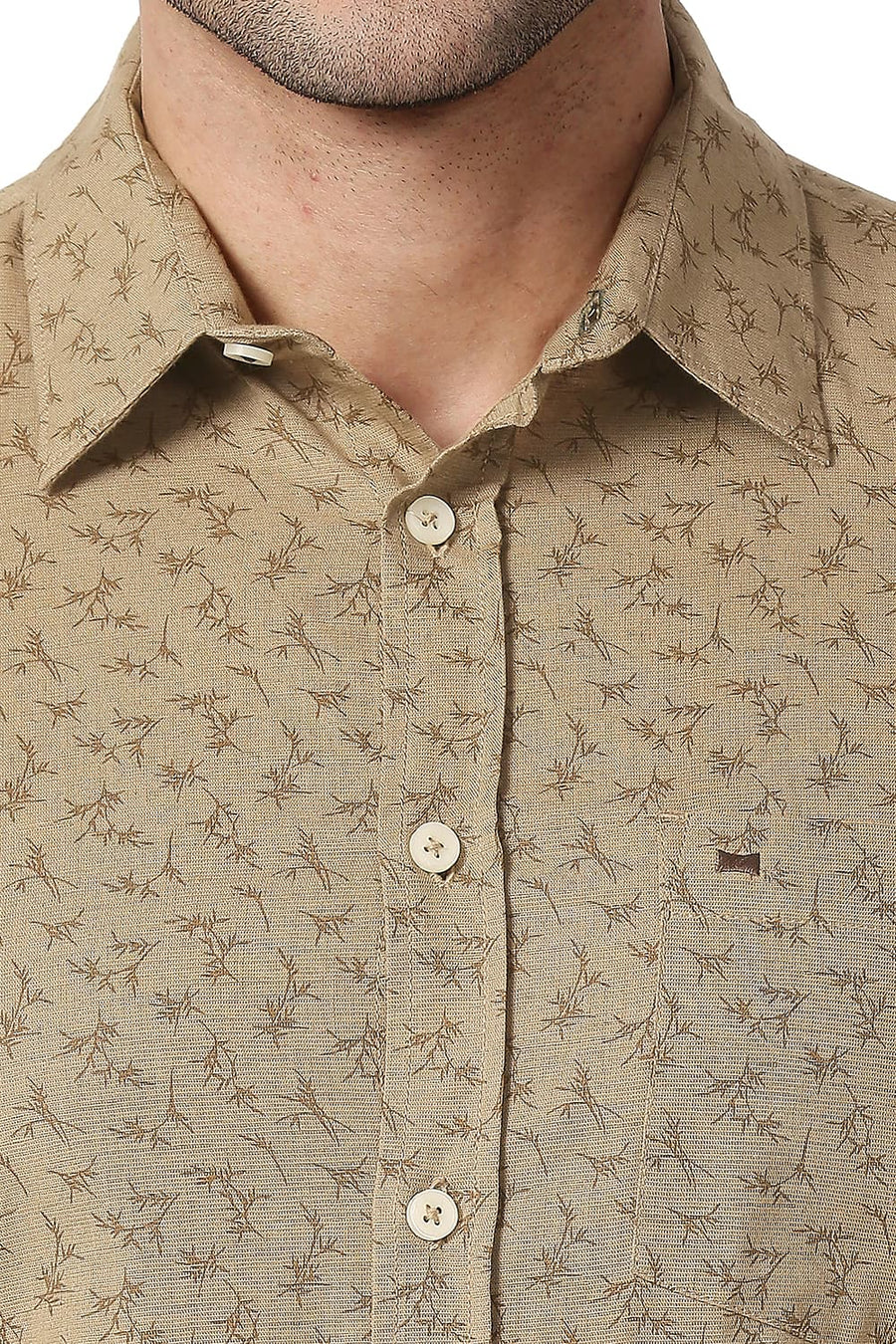 BASICS SLIM FIT AMPHORA KHAKI COTTON LINEN PRINTED SHIRT