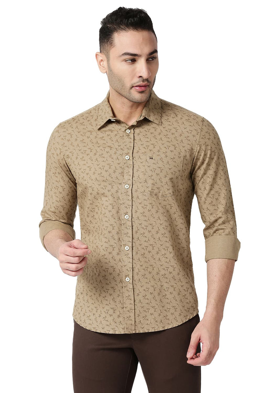 BASICS SLIM FIT AMPHORA KHAKI COTTON LINEN PRINTED SHIRT