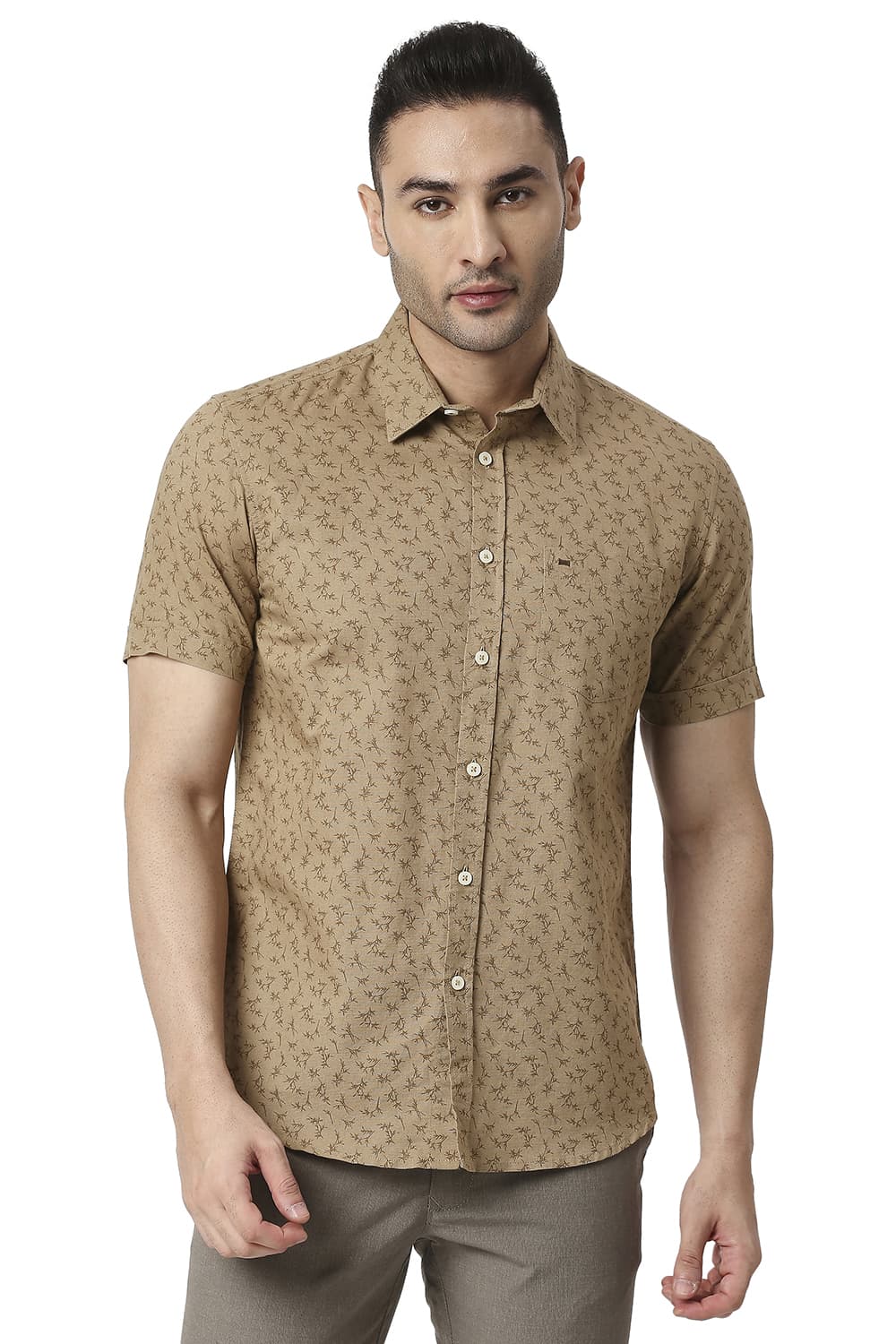 BASICS SLIM FIT COTTON LINEN PRINTED SHIRT